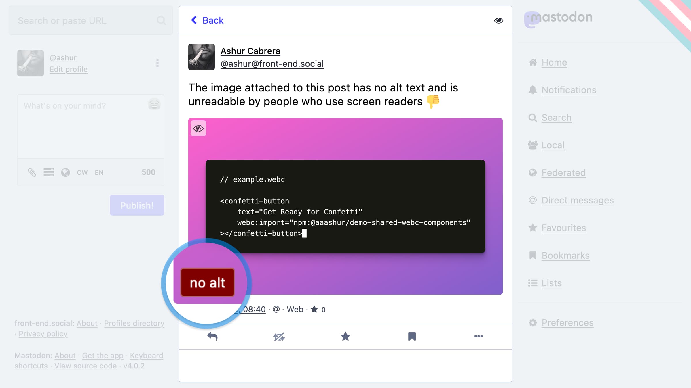 A post on Mastodon has an image without alt text; a small red badge that reads 'no alt' appears in the lower left corner