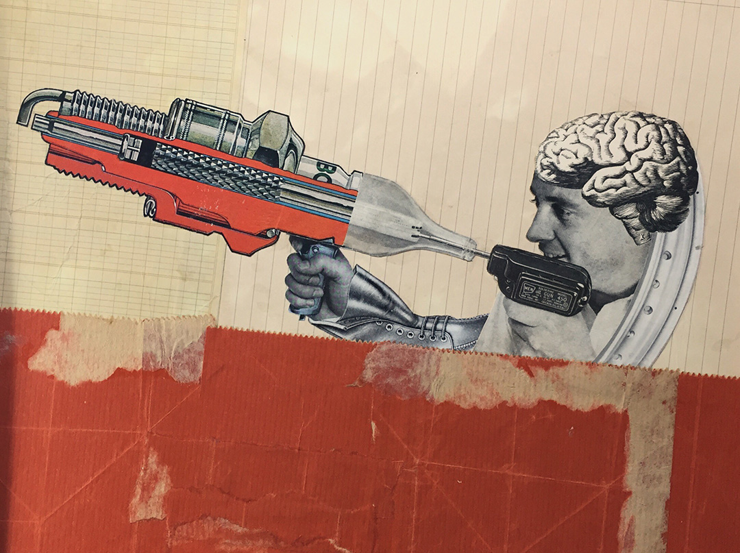 Man with a human brain on his head holding a large sparkplug like a rifle with parts of it cut away to see the insides. Background is made from stained graph paper. The bottom half of the collage is large piece from a red paper bag.