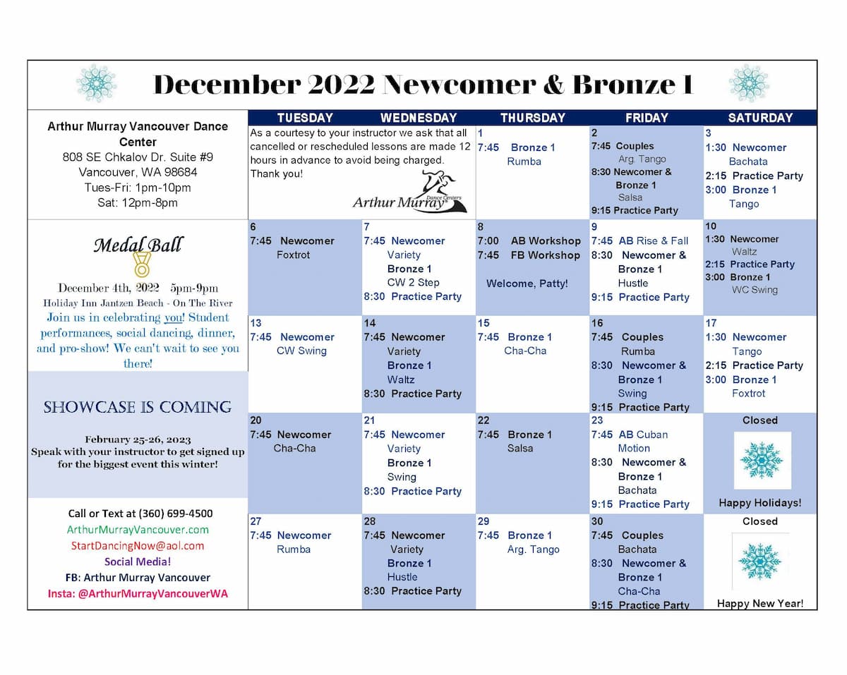 Arthur Murray Vancouver Beginner Group Class Calendar