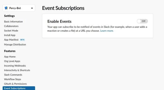 Slack — Enable Event subscriptions for the application