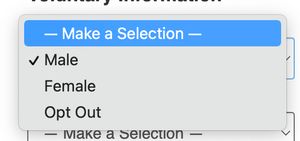 A screenshot of an online form with a &quot;Gender&quot; field which can be selected between &quot;Male&quot;, &quot;Female&quot;, and &quot;Opt Out&quot;.