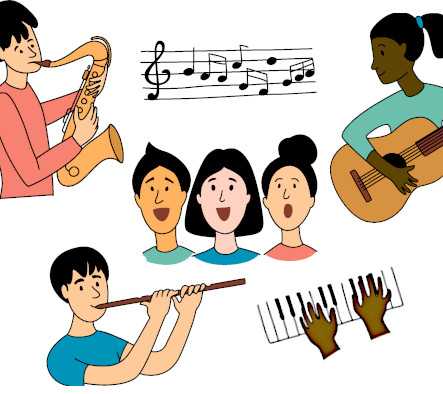 Illustration of kids playing musical instruments and singing