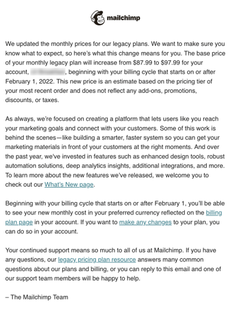 SaaS Pricing Update Emails: Screenshot of pricing update email from Mailchimp