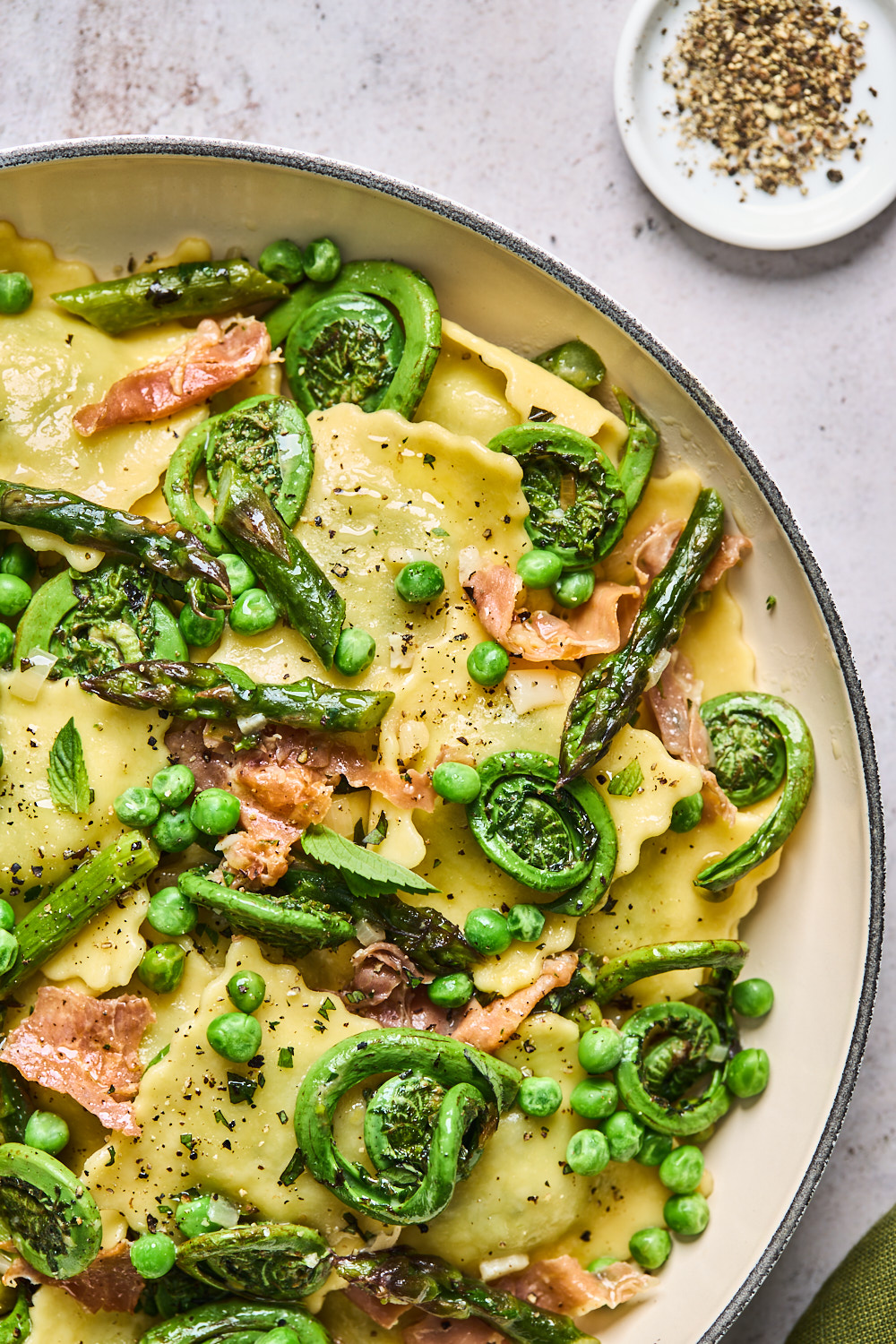 Lemon Butter Ravioli With Roasted Asparagus and Peas