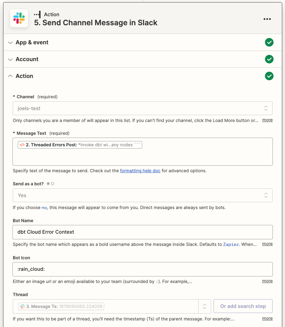 Screenshot of the Zapier UI, showing the mappings of prior steps to a Slack message
