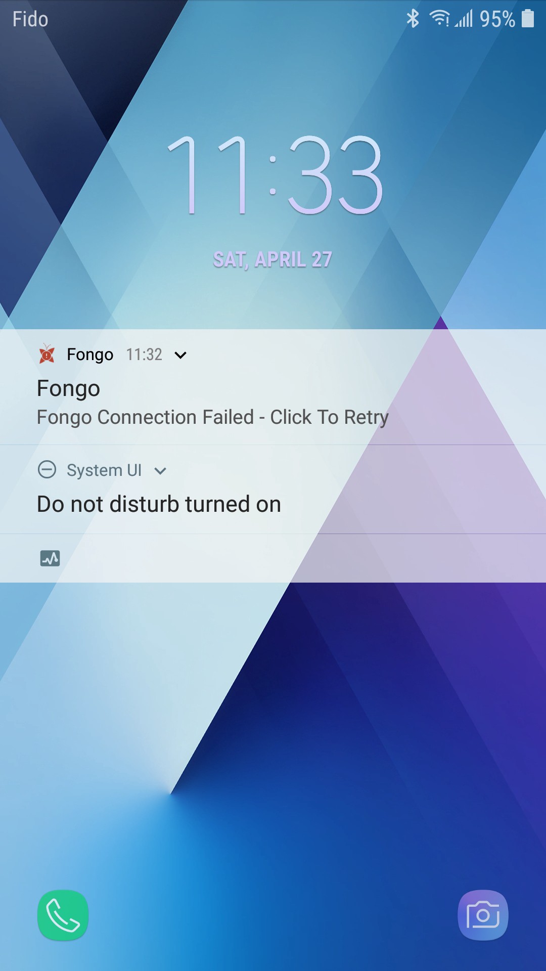 A phone's homescreen showing 'Fongo connection failed'