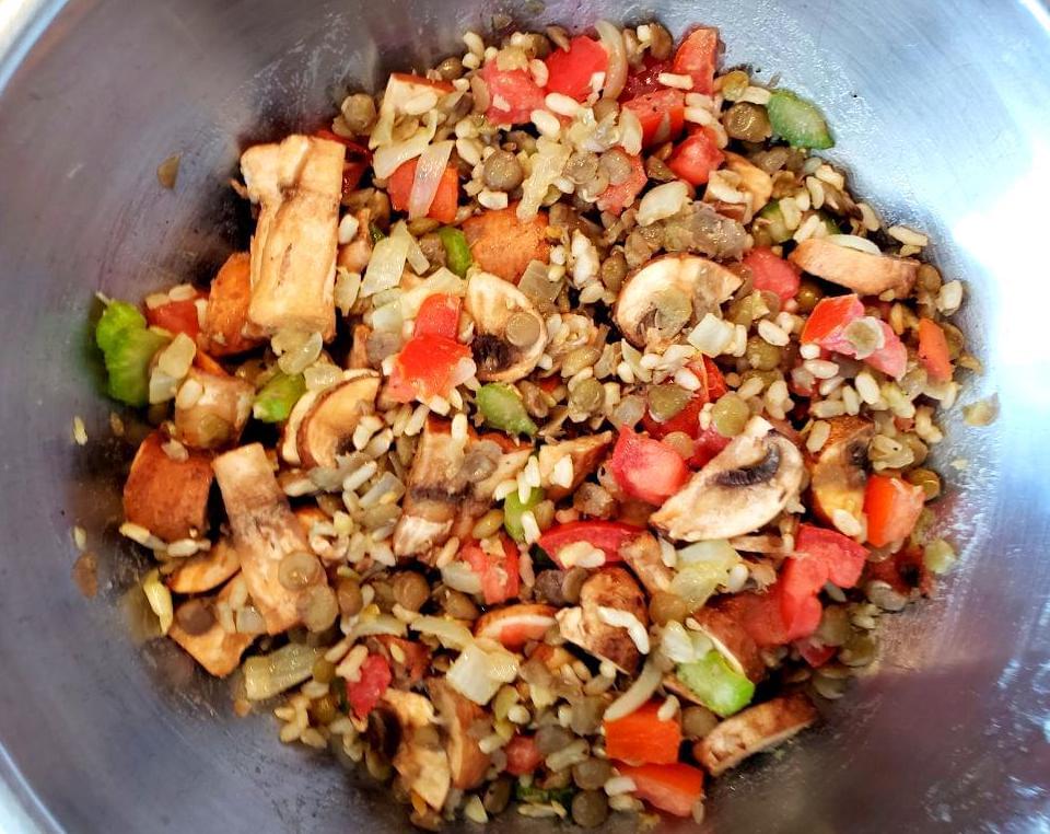 Bowl with lentils, rice, onion, and tomatoes