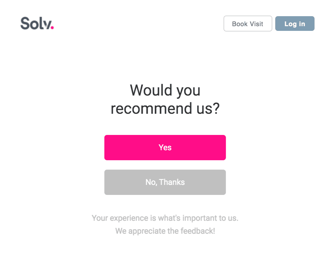 Closed-ended customer feedback survey from Solv, with a simple 'yes', 'no' option