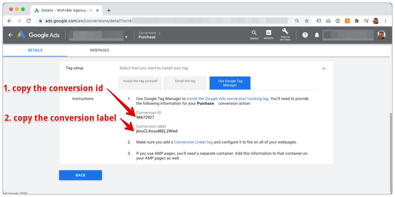Google Ads copy conversion id and label