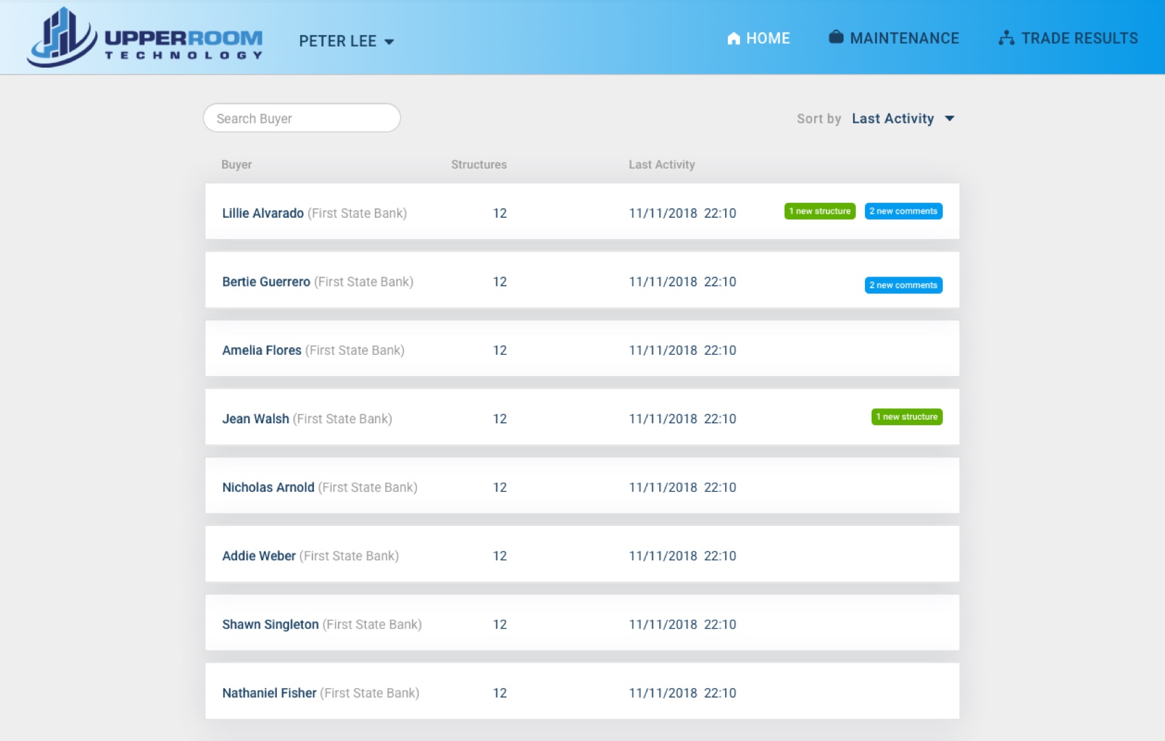 Screenshot of UpperRoom webapp user dashboard