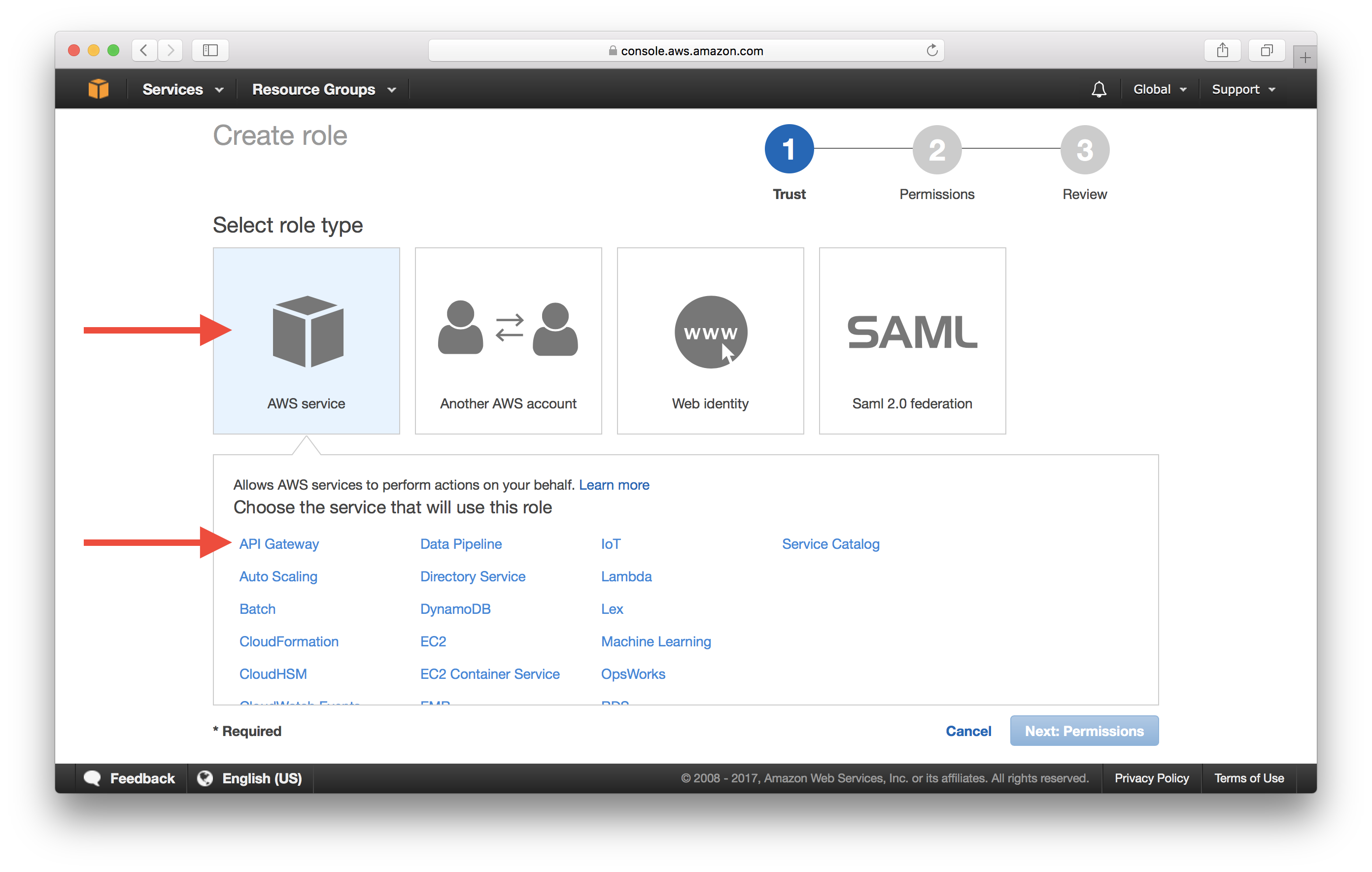 Select API Gateway from AWS services