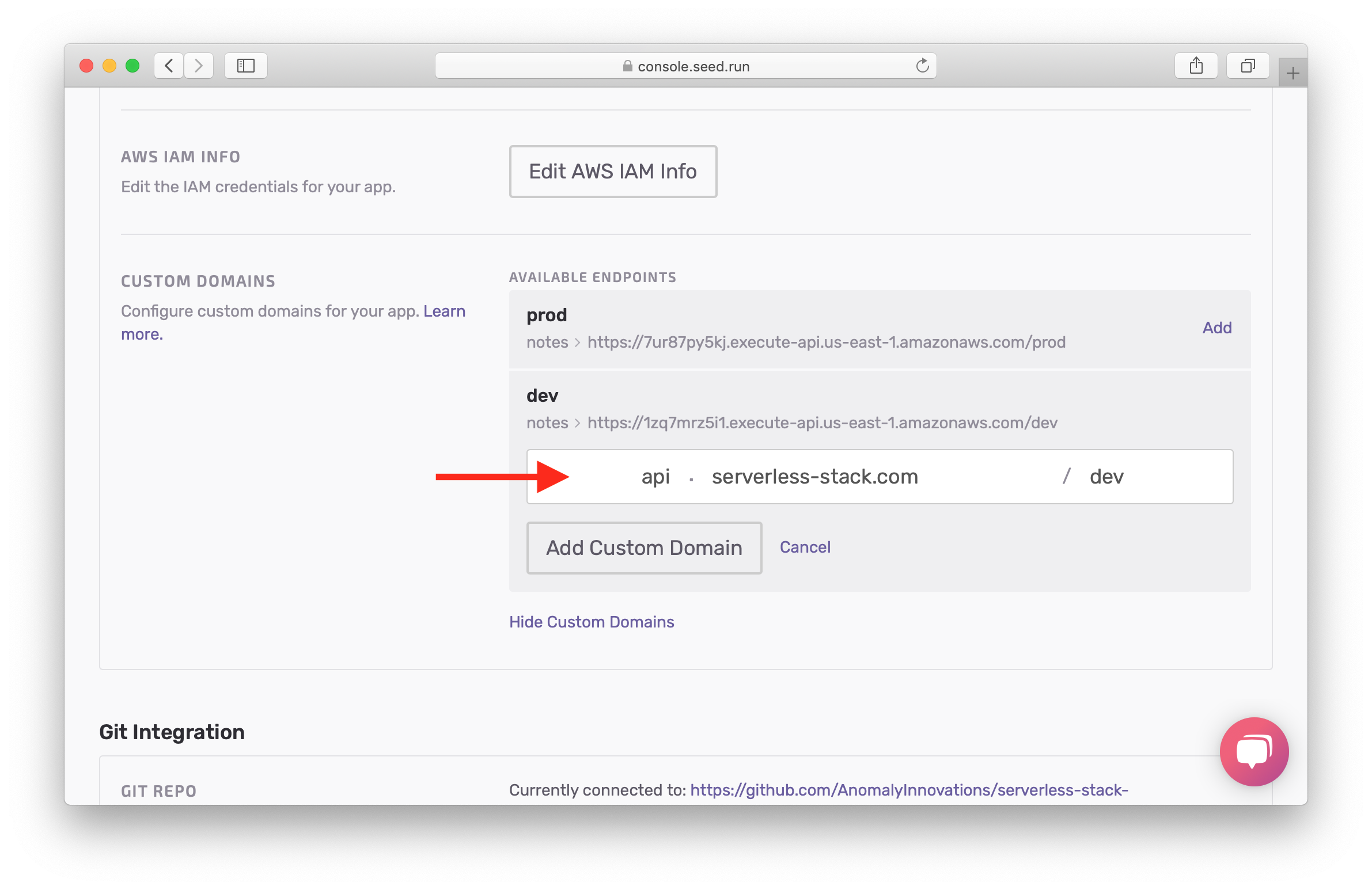 Click Add Custom Domain button for dev endpoint