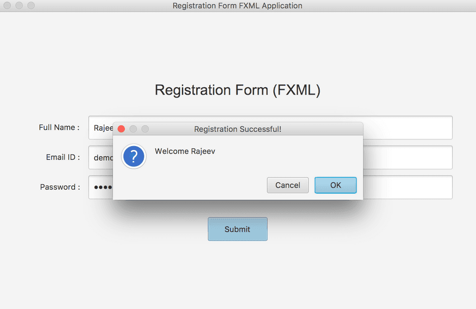 JavaFX FXML registration form GUI confirmation example