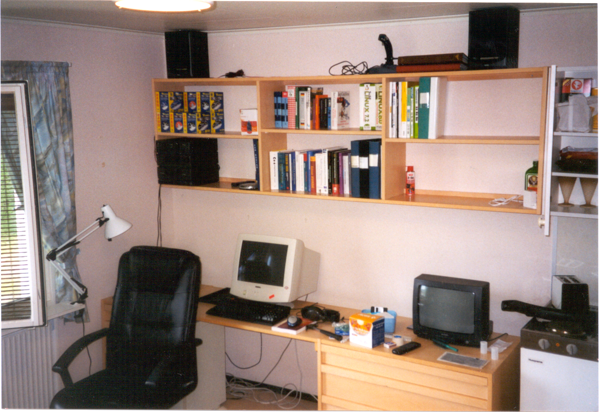 Student room in yearly 21 century with 14 inch computer monitor and 14 inch TV