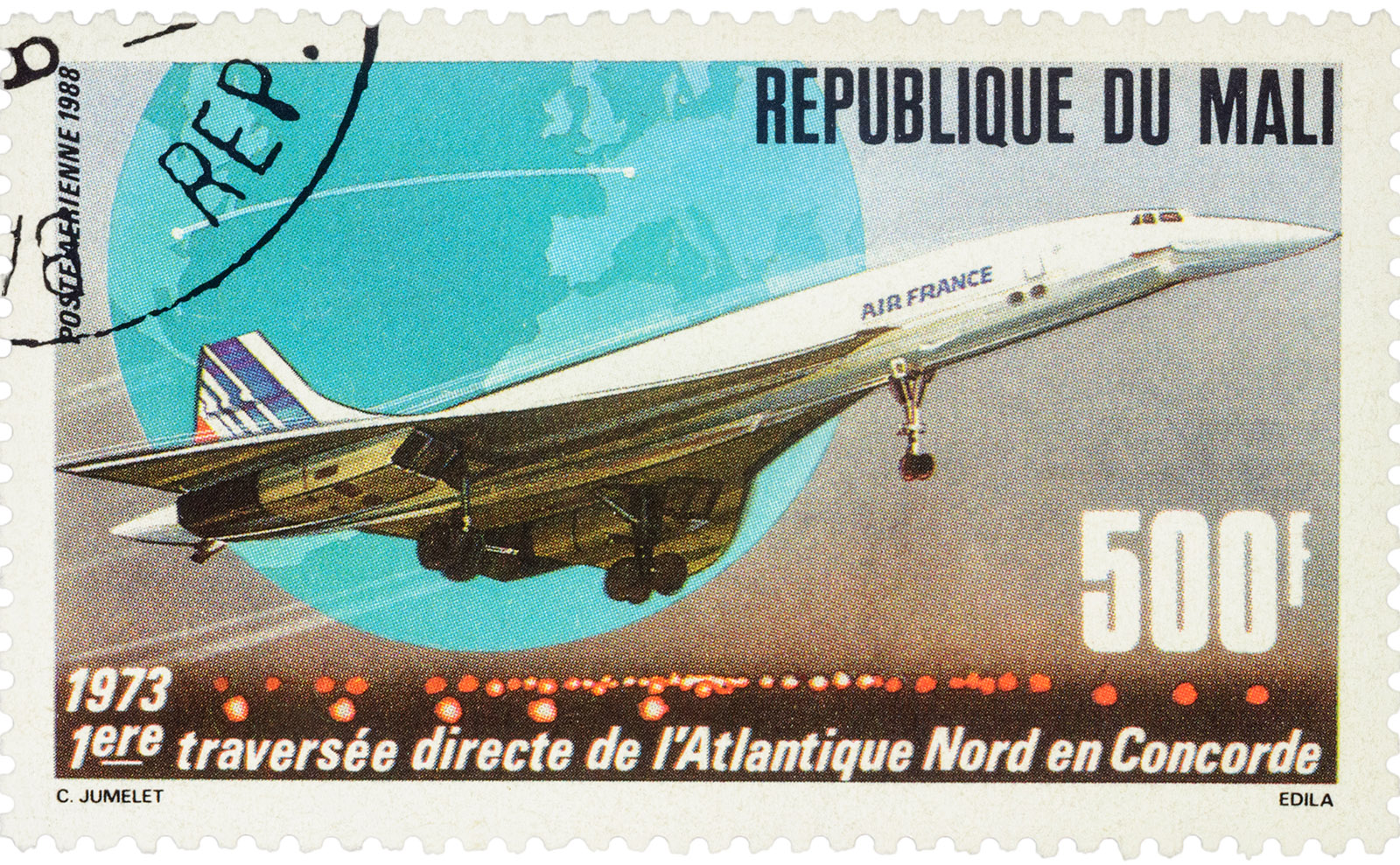 vintage color stamp of the concorde airplane flying in a blue sky