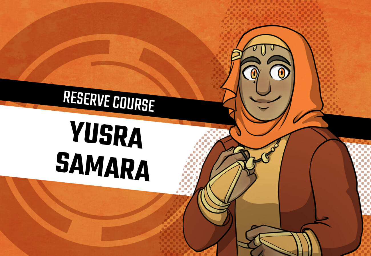 Introduction card for Yusra Samara, a reserve student. She's a girl of rather average size compared to the others, with light brown skin and a mole under her eye. She wears a bright orange hijab and a cardigan over her dress, with plenty of jewelry.