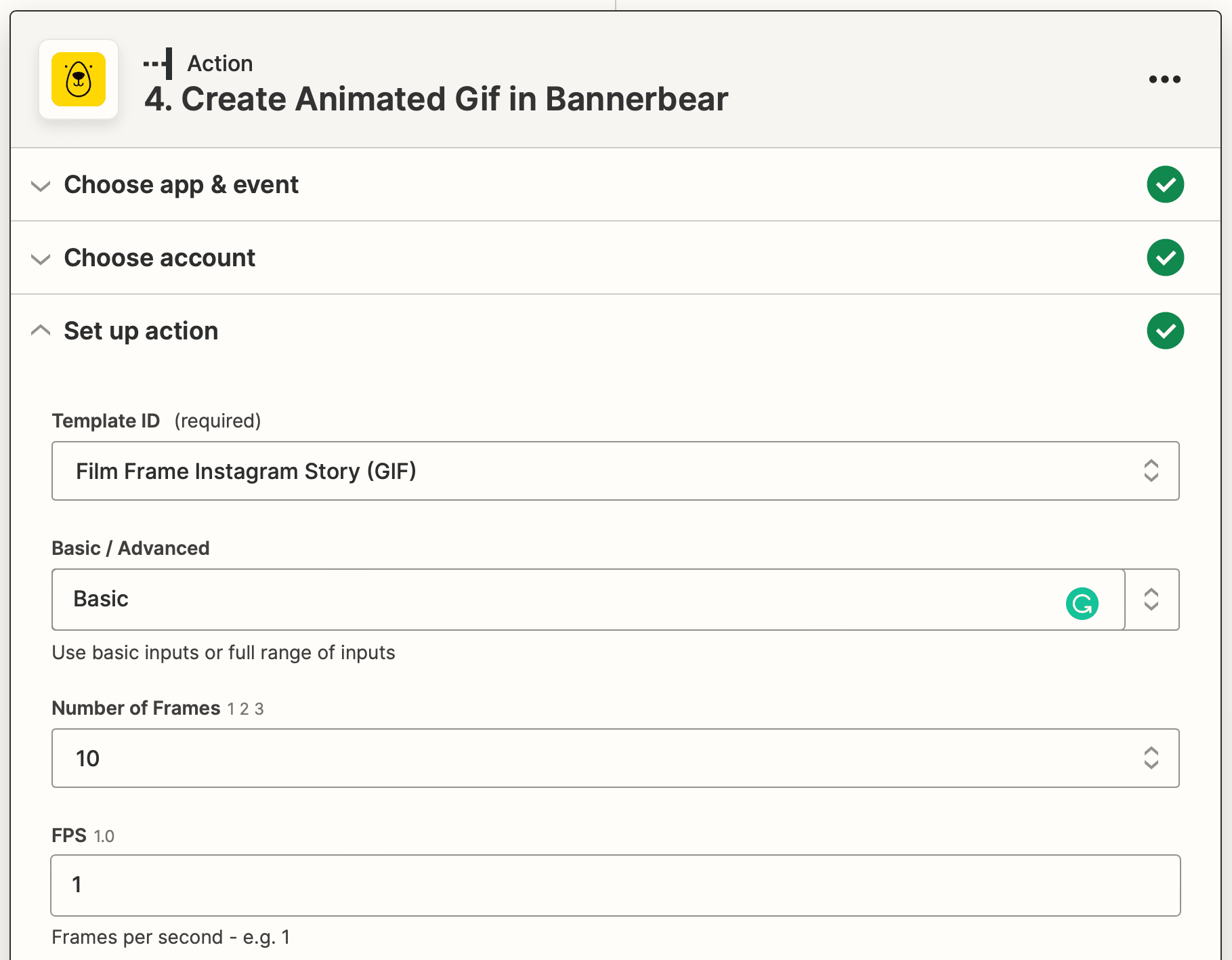 Screenshot of Zapier Bannerbear create animated gif action setup