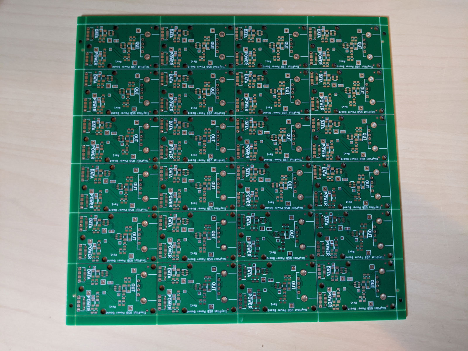 Photo of a panel of uncut, unassembled PCBs