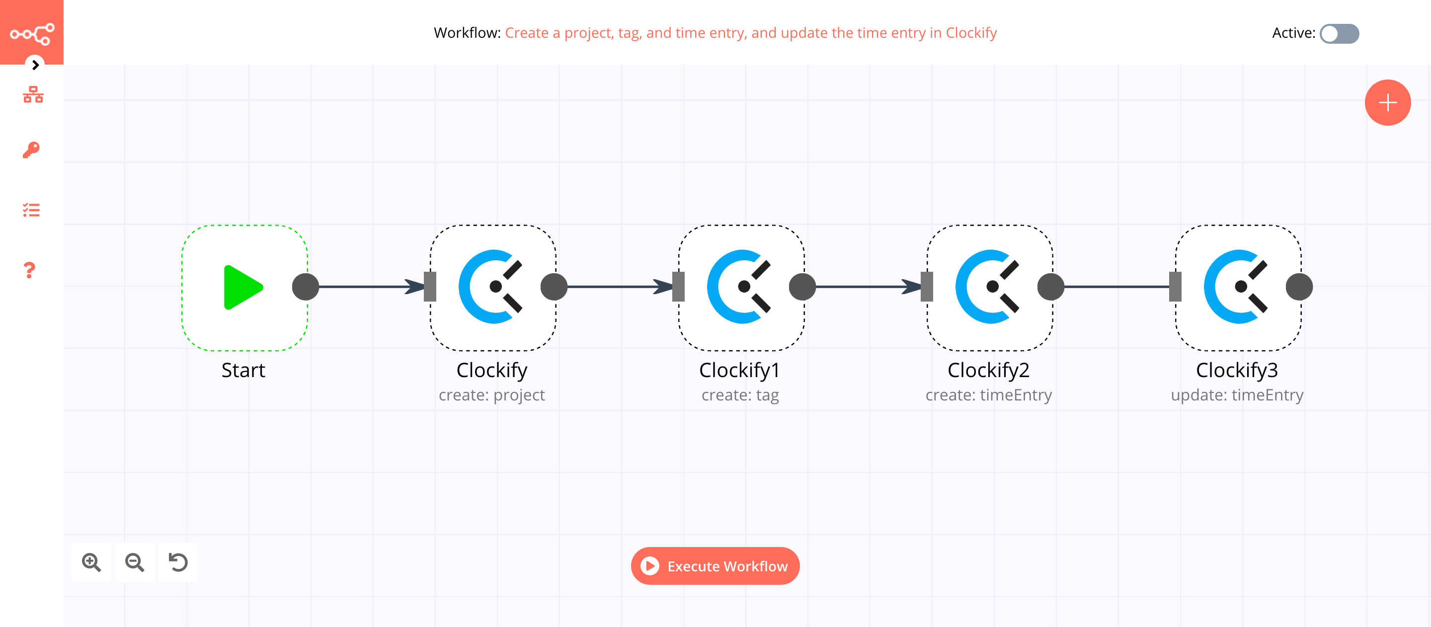 A workflow with the Clockify node