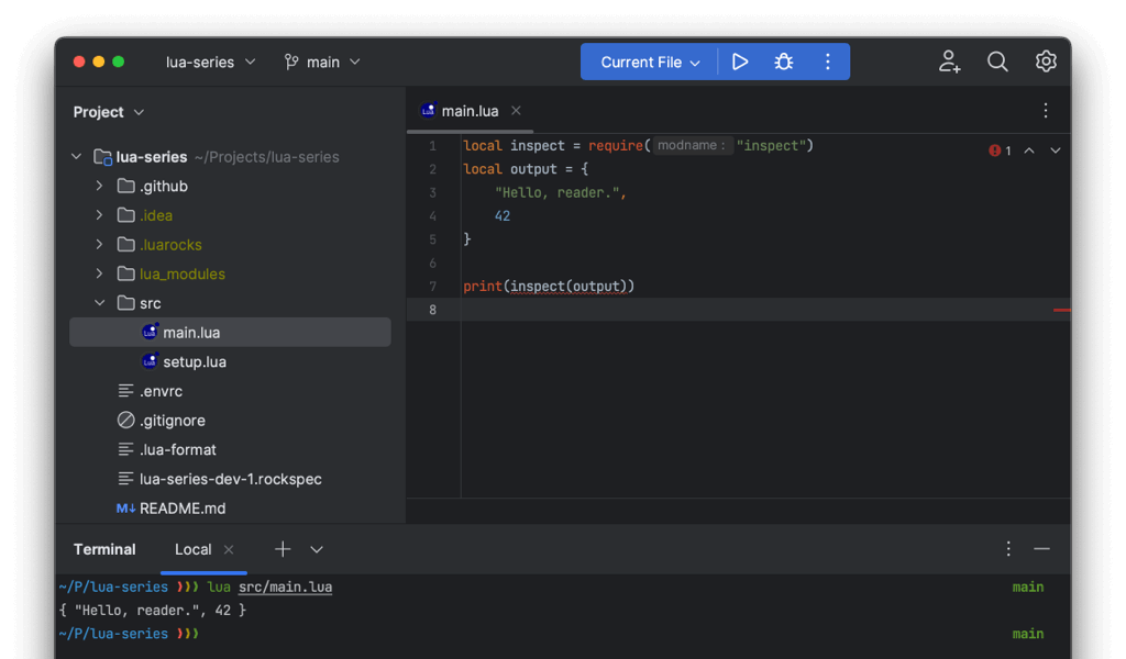Screenshot of IntelliJ IDE with the open Lua series project.