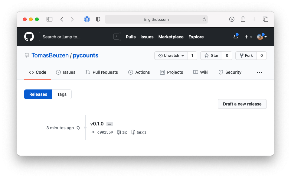 Tag of v0.1.0 of pycounts on GitHub.
