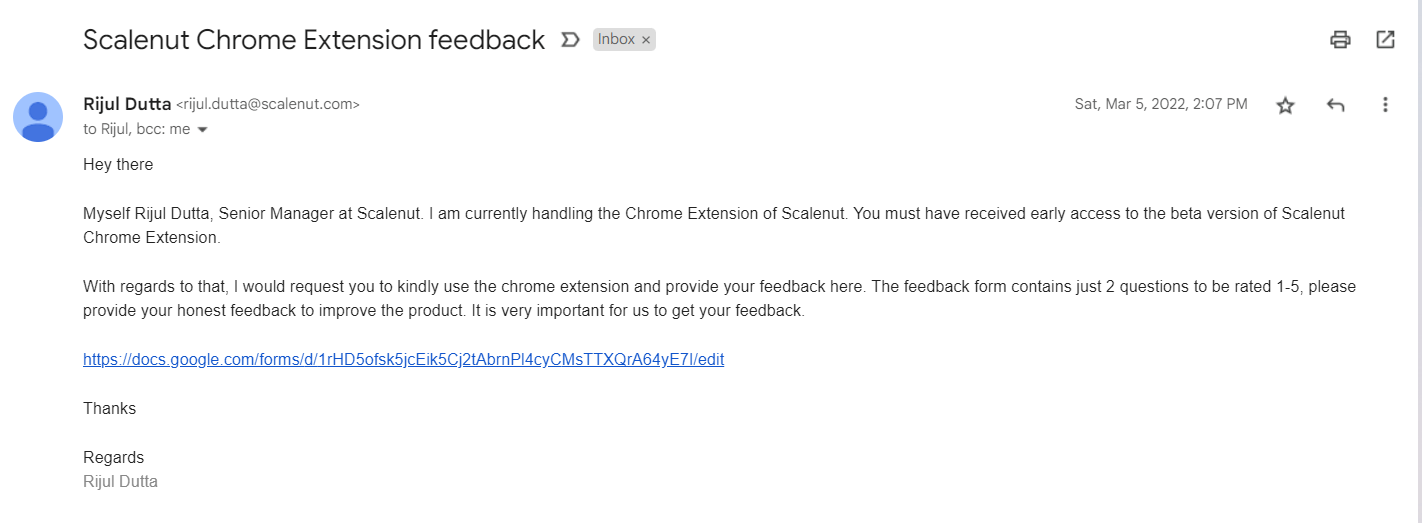 Feedback Email Examples: Screenshot of Scalenut's email asking for customer feedback