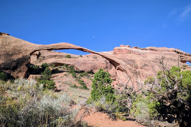 An incredibly thin red sandstone arch, with the Moon visible just beyond it.