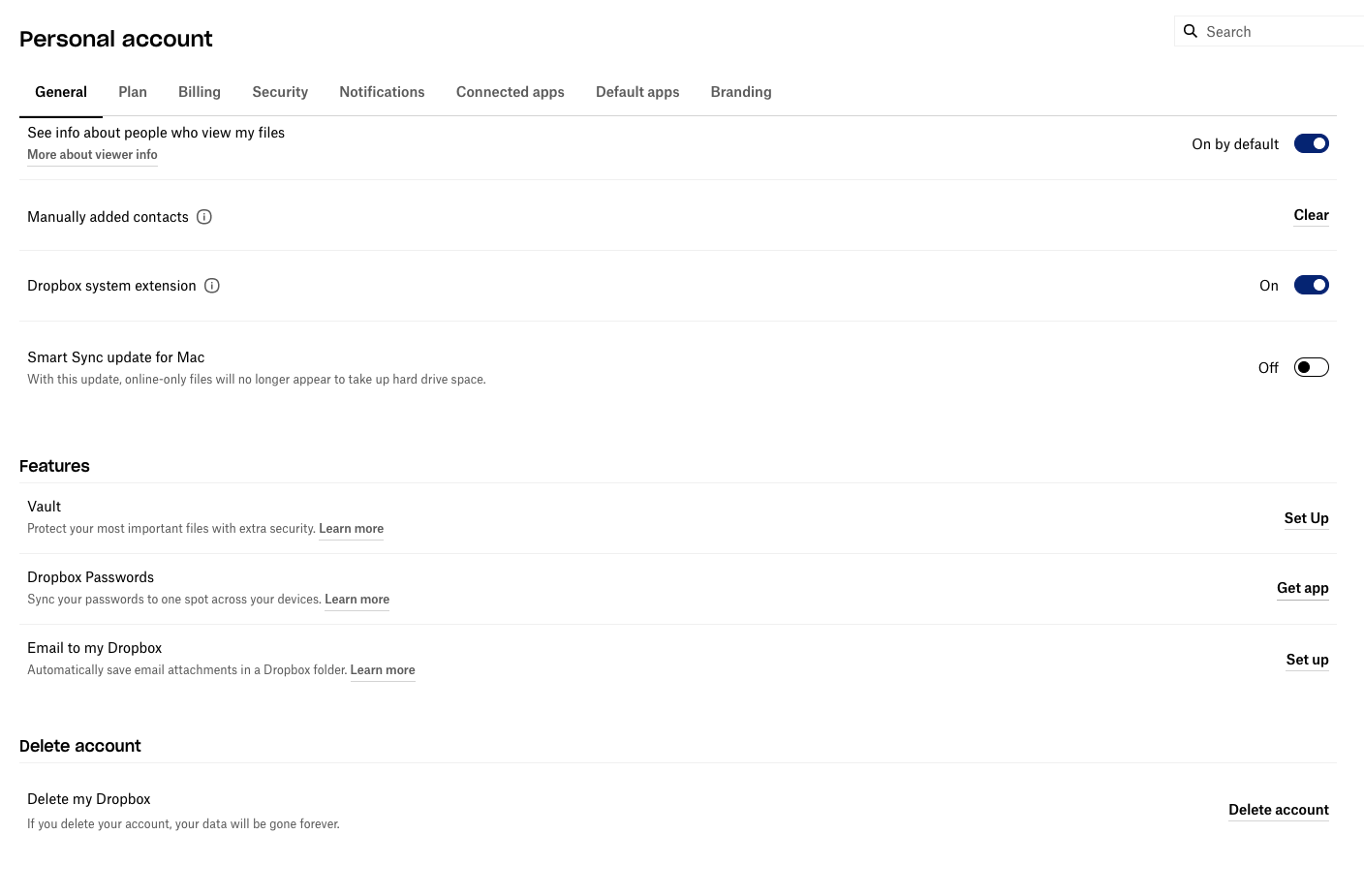 A screenshot of the Dropbox account settings. There are a variety of radio buttons and tabs but the main item of interest is a link at the bottom titled "Delete account".