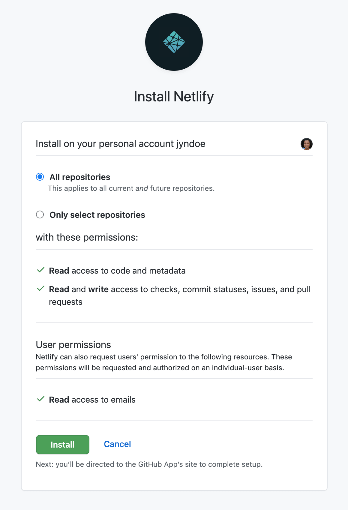 GitHub’s prompt to install the Netlify app, including permissions, and options to select repositories.
