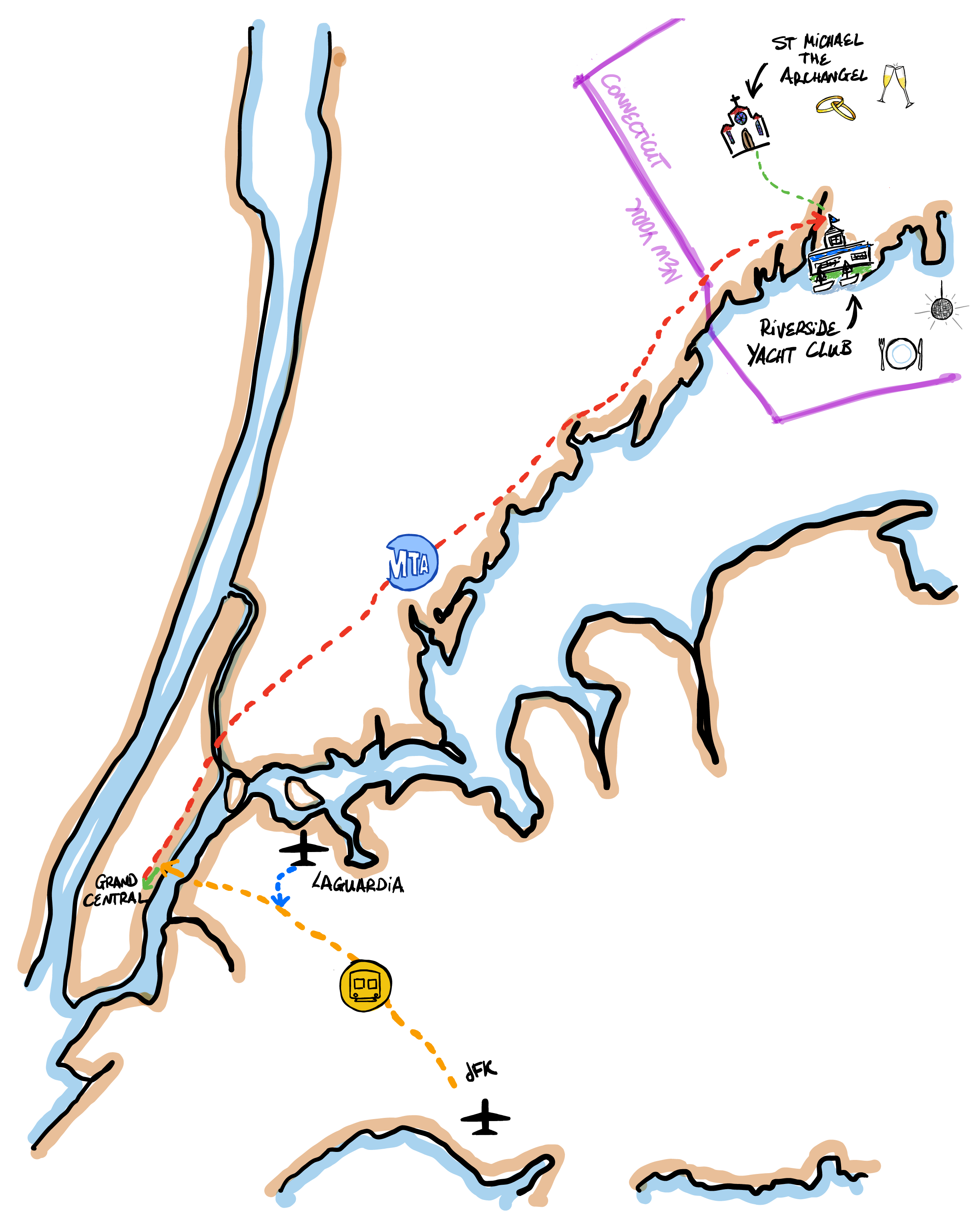 A map of new york and connecticut with a path from jfk to the riverside yacht club