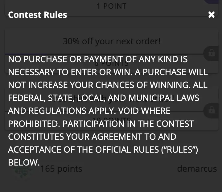 Contest rules inside a Popup Box.