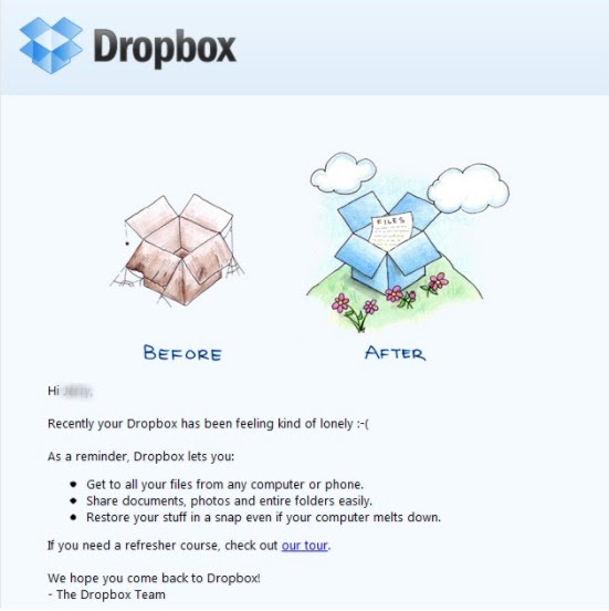 SaaS Email Marketing Strategies: Screenshot of Dropbox's re-engagement email
