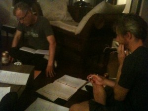 Kevin Kerr and Jonathon Young restructure the first act in a late night dramaturgy session