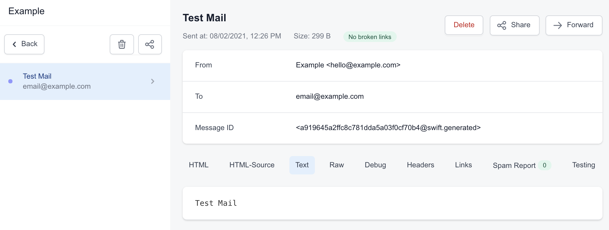 A test email sent using the code snippet.