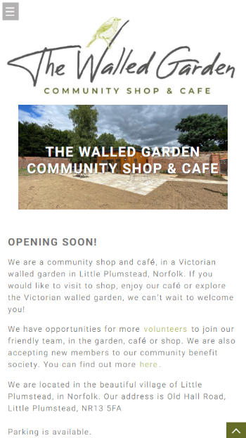 The Walled Garden Shop & Cafe website frontpage on a mobile