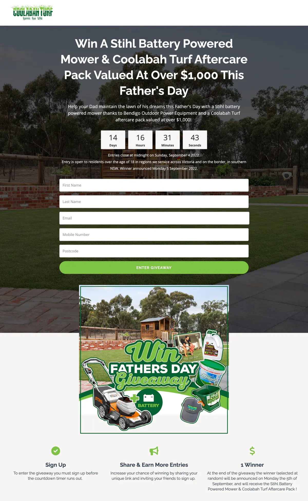 Father's Day giveaway, win a Stihl battery powered lawn mower and Coolabah turf aftercare pack