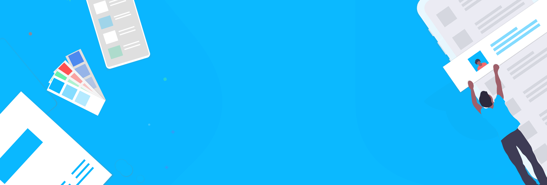 Blue background with graphics of color swatches and phones