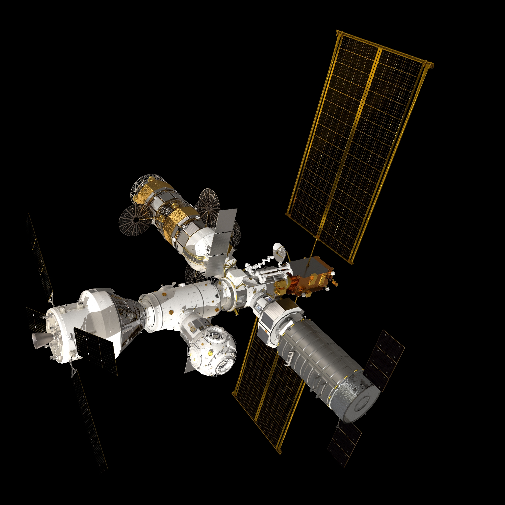 Imaginea 2: Reprezentare grafică a viitoarei stații spațiale lunare Gateway, împreună cu capsula Orion andocată (sursa foto: ESA)