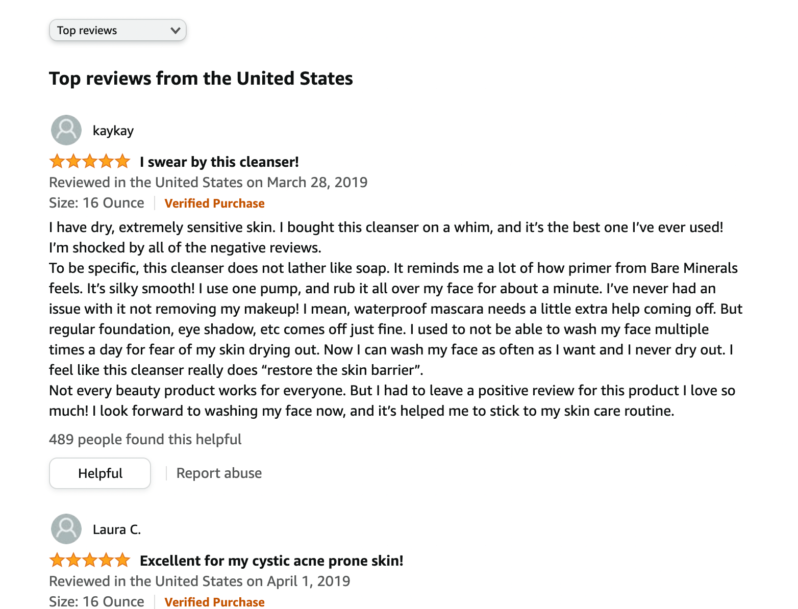 Two 5 star reviews for a cleanser on amazon