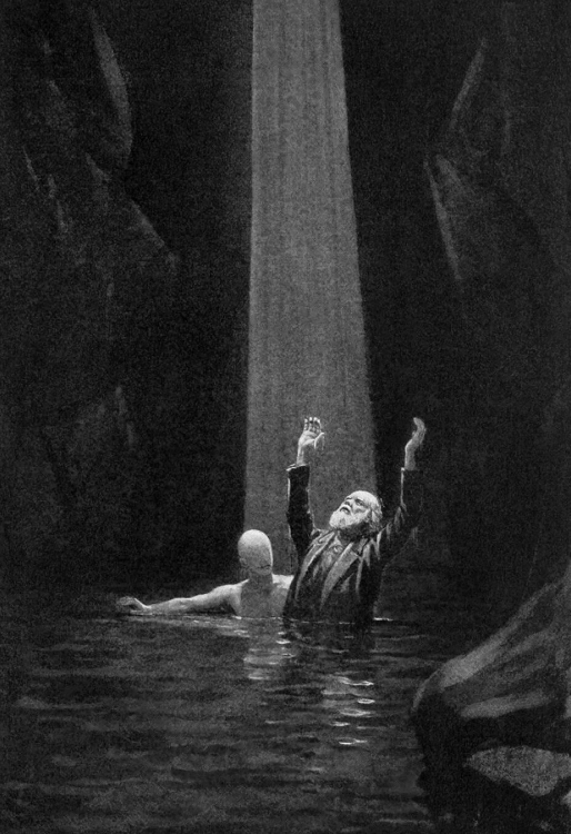 John Augustus Knapp, Etidorhpa, or, The end of earth. An older man is standing in an underground cave, immersed in water up to his waist in the company of an eerie creature with a near featureless face. A ray of light coming from an opening in the roof above casts its glow upon them as the man thrusts his arms upward.