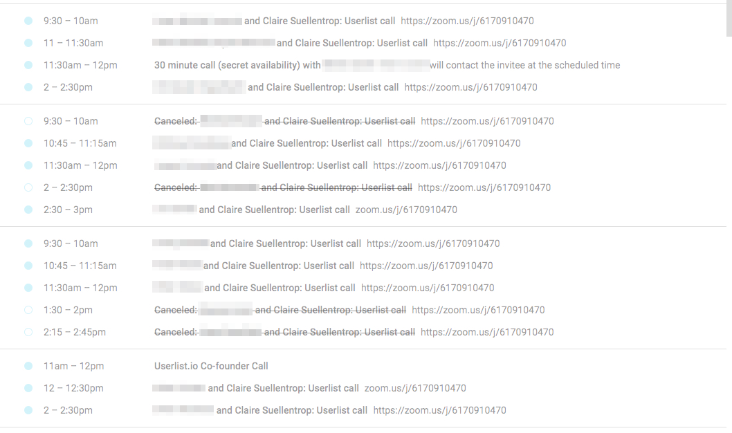 My calendar, full of research calls for Userlist