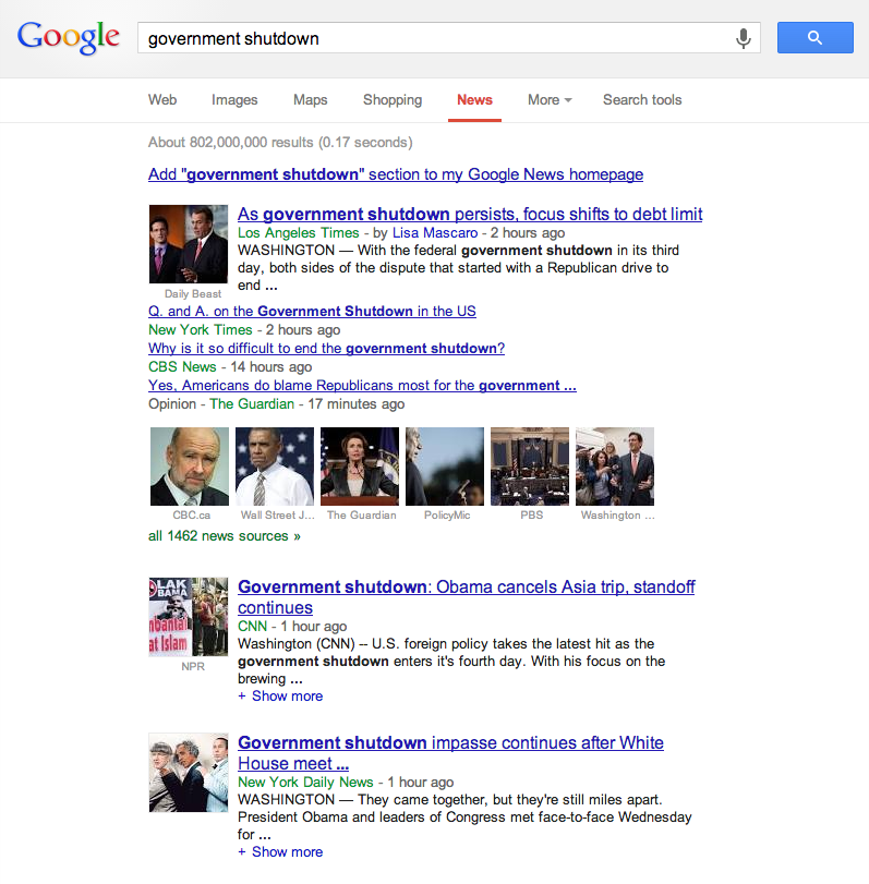 The Google News search results