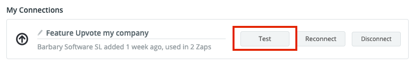 Screenshot of Zapier's 'Test' button to check your Feature Upvote connection