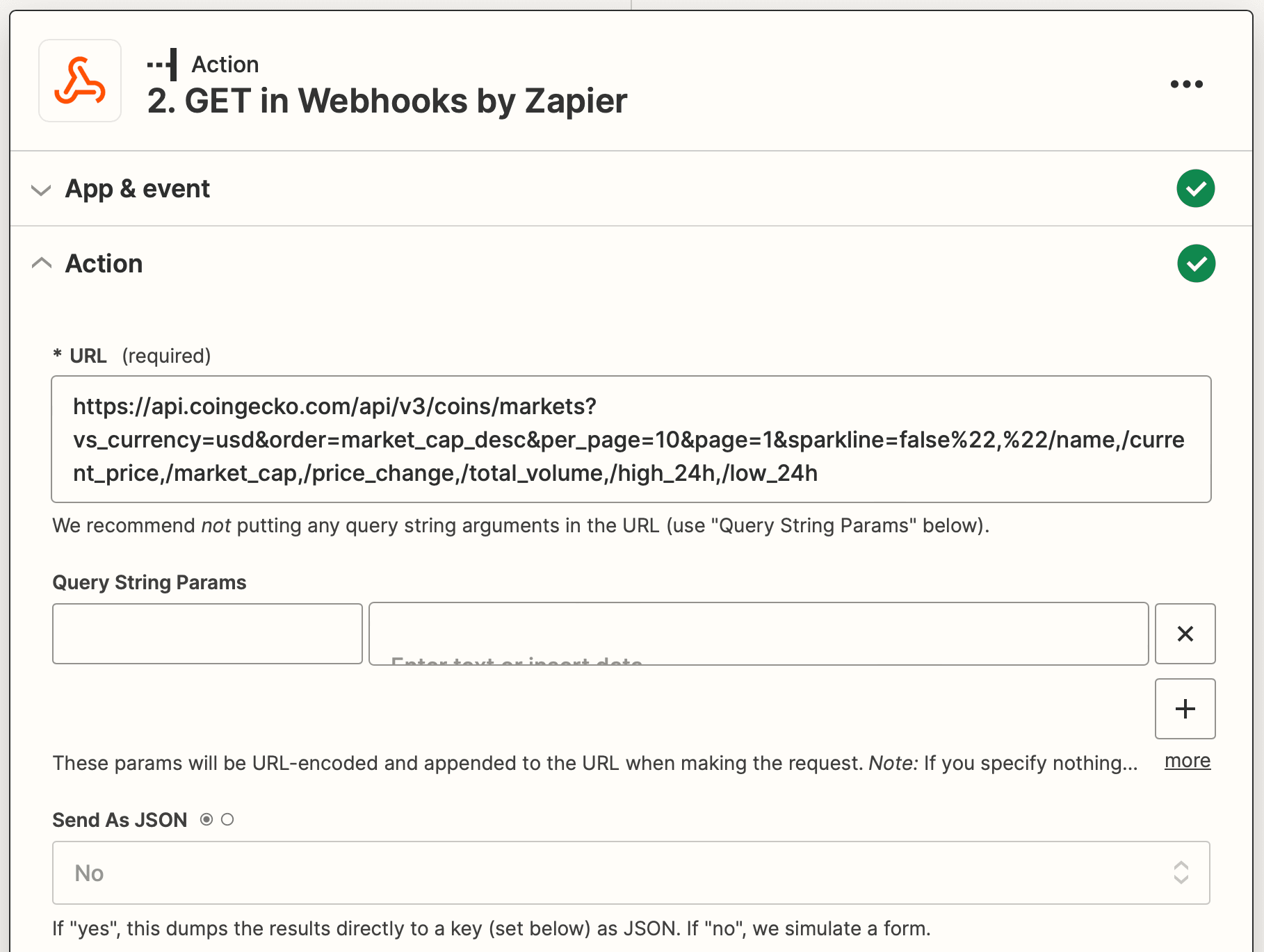 Screenshot of Zapier Webhooks by Zapier GET action setup