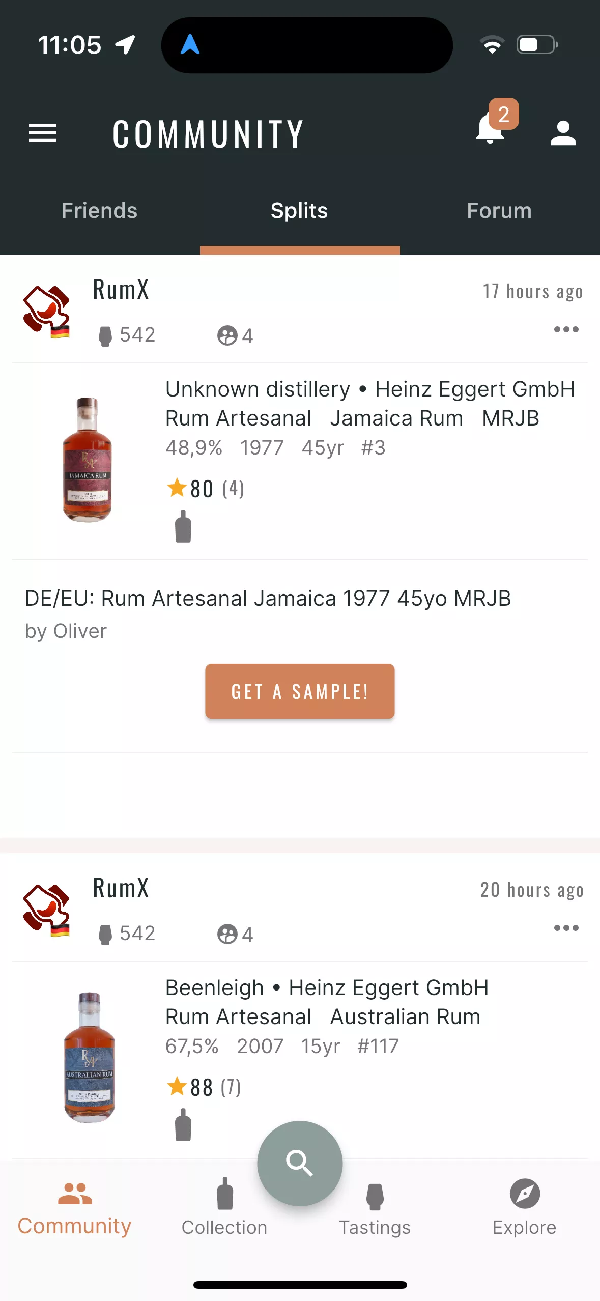 Screenshot of the scrollable bottle split feed within the RumX mobile app