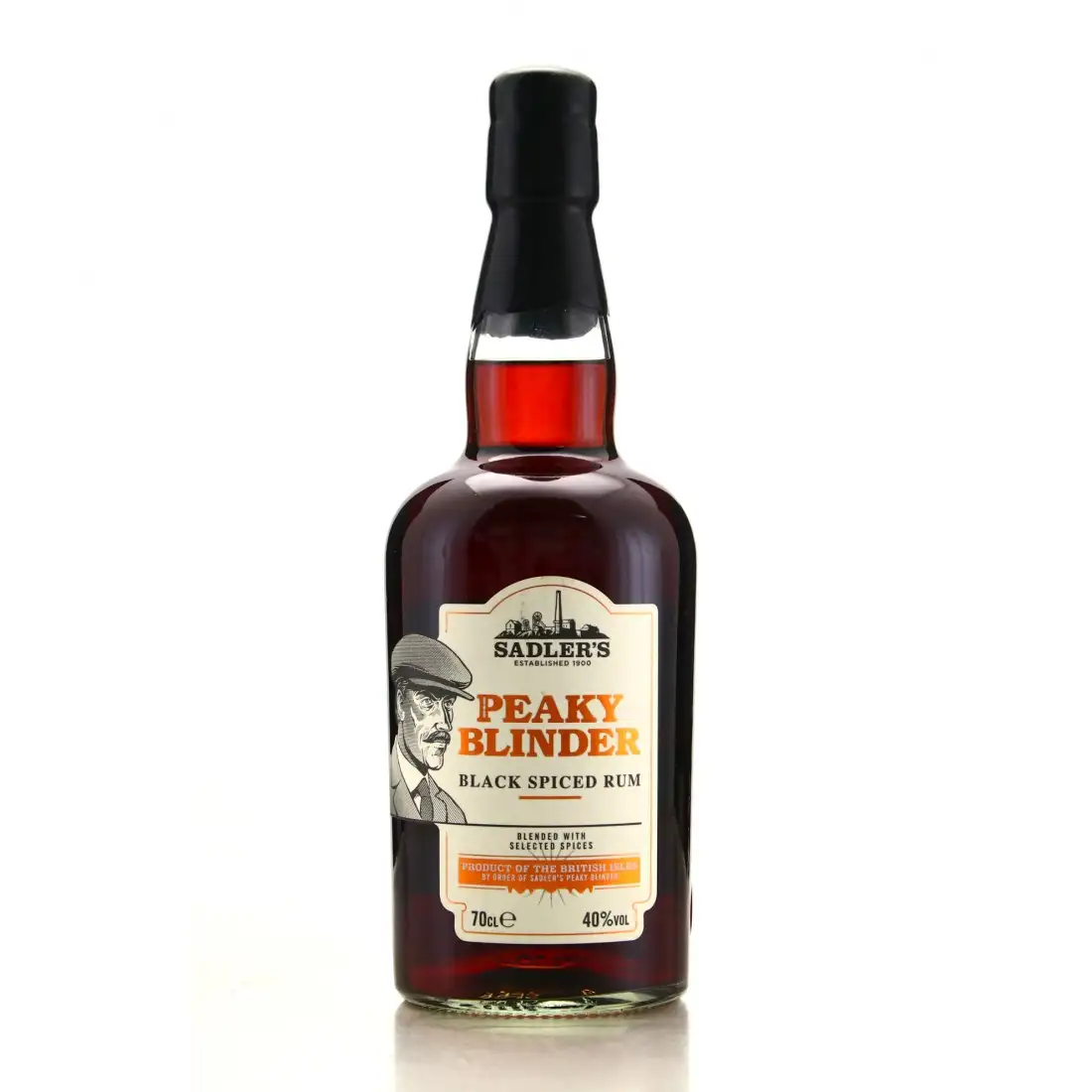 Image of the front of the bottle of the rum Saddlers Peaky Blinder Black Spiced Rum