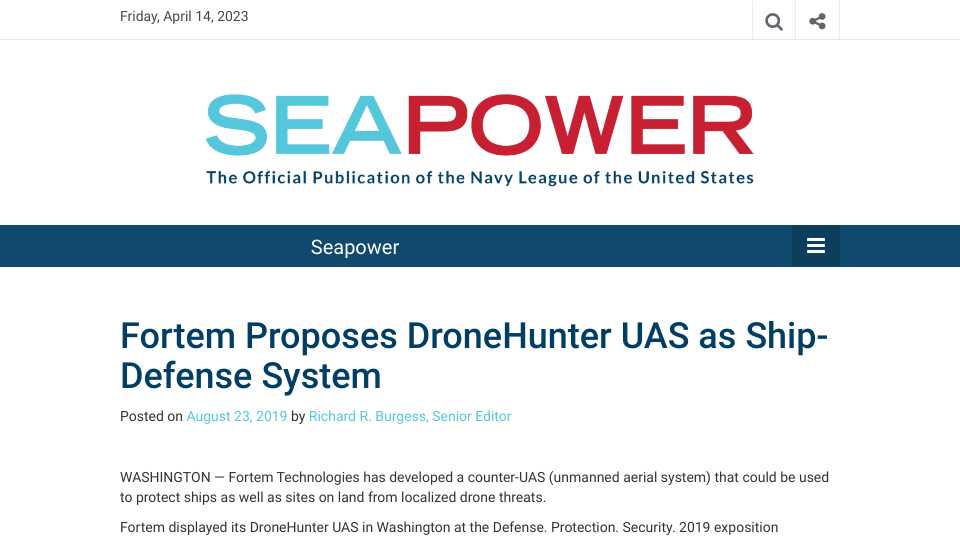 Fortem Proposes DroneHunter UAS as Ship-Defense System