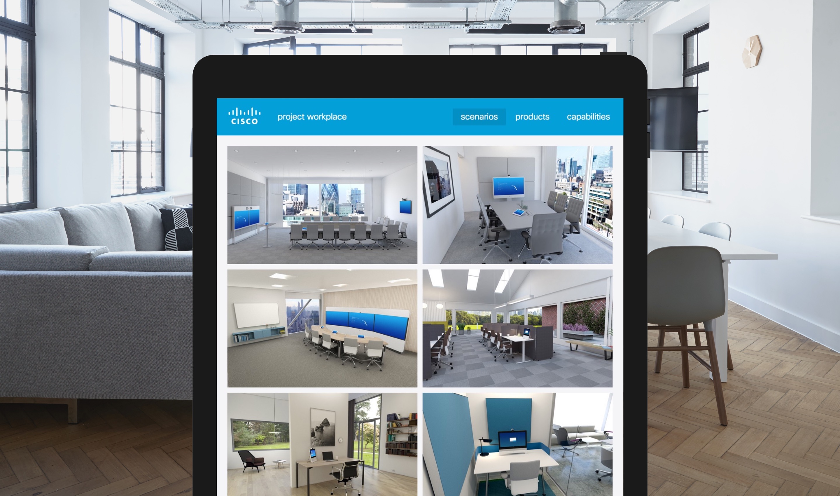 Landing page showing meeting room renders on a tablet