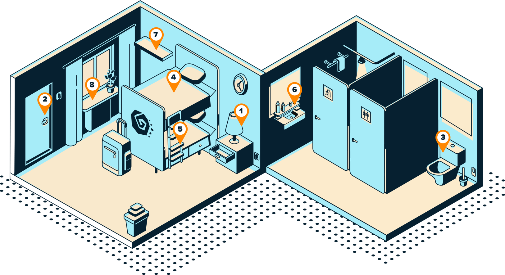 An image illustrating a dorm room and barthroom highlighting 8 customer touch points.