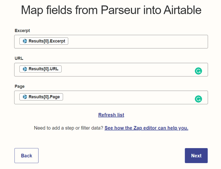 Map fields from Parseur to Airtable